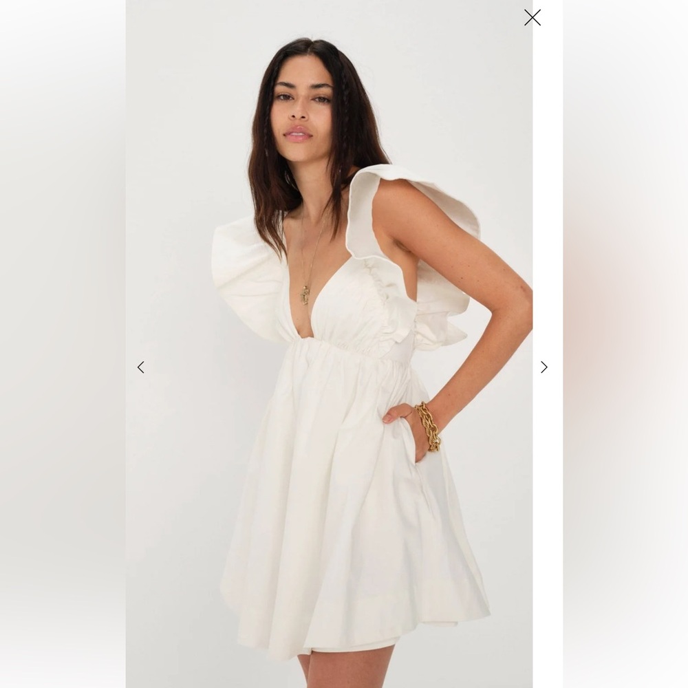 For Love & Lemons Clementine white ruffle sleeve tie mini dress M Revolve